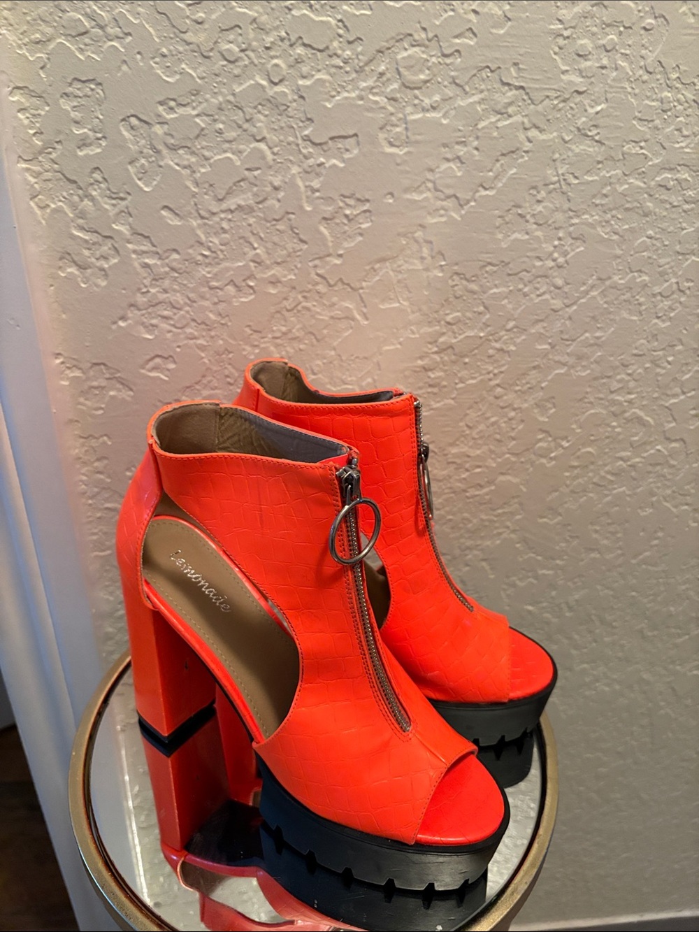 Neon Orange Peep-Toe Platform Booties